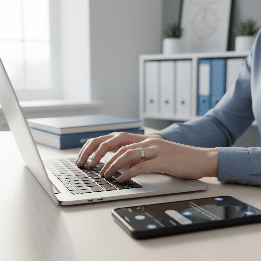 Nurse on a phone call at a desk beside a laptop showing a shared patient chart, medical office with stacked folders, candid photo