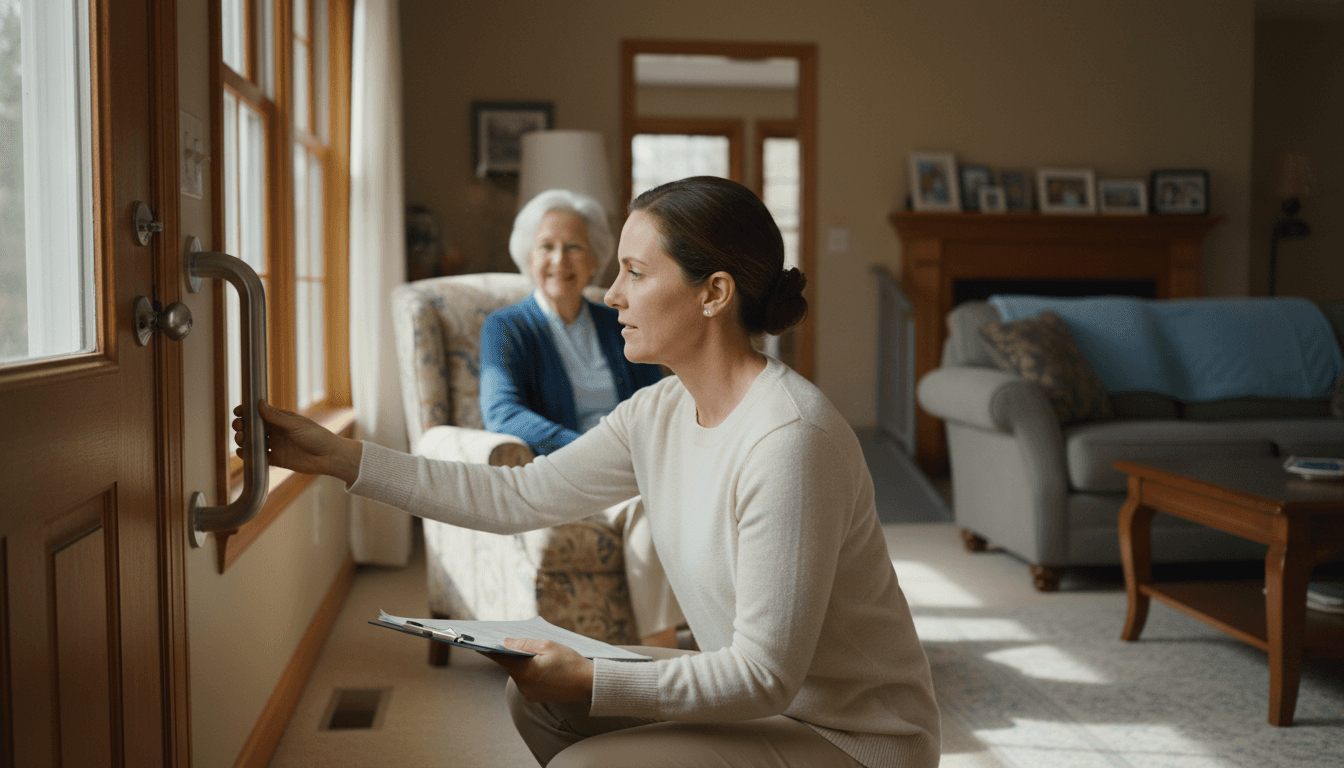 Clinician with a clipboard walking through a living room noting mobility and home hazards, calm observational style