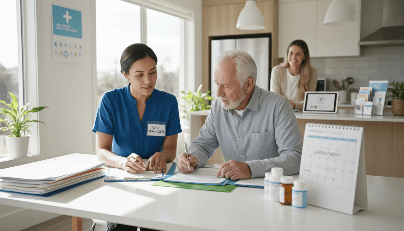 Hospital bedside meeting with a nurse, social worker, and patient reviewing a discharge checklist and home equipment list