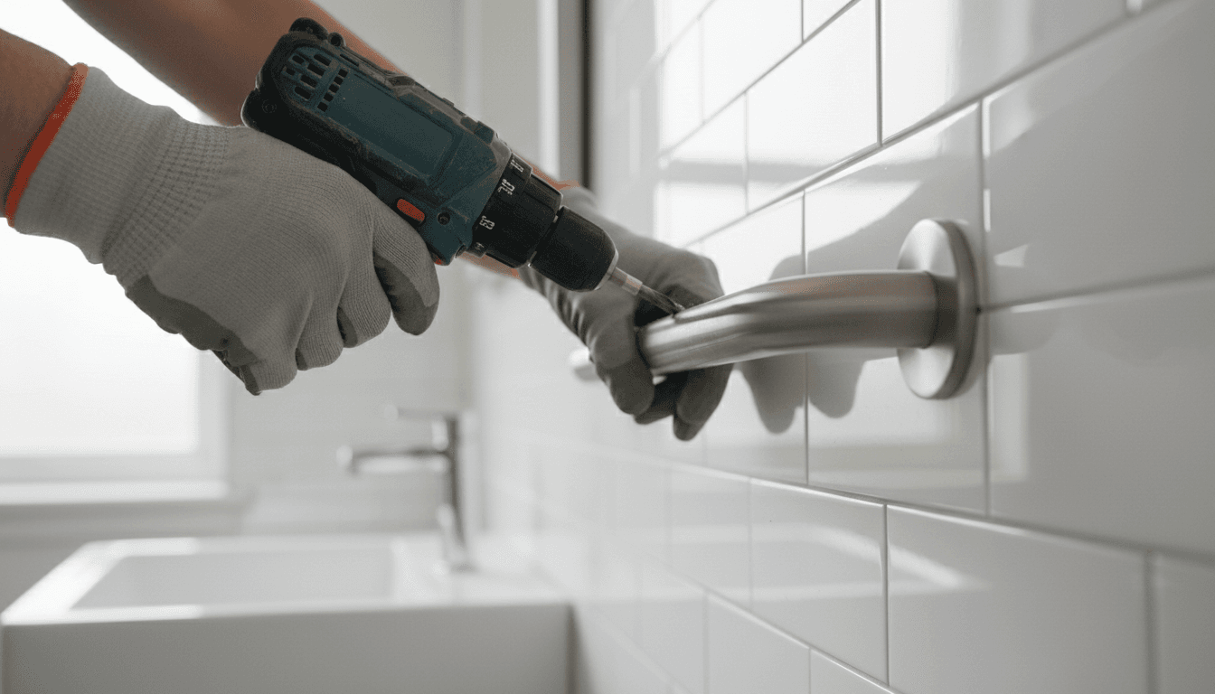 Care worker checking a bathroom grab bar and night light in a modest home, practical safety inspection photography