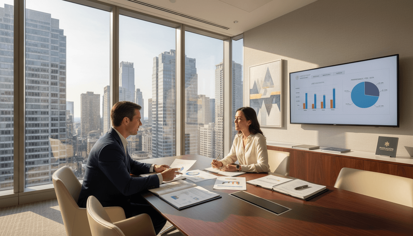 Care coordinator meeting with senior client in a bright modern office