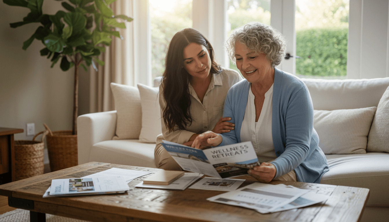 Care coordinator consulting with a senior client and family in a bright modern living room